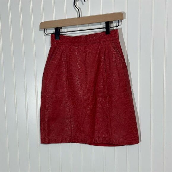 VTG New Yorker Red Embossed Leather Skirt 7 High Waist Midi Mob Wife 80s Retro - Picture 3 of 8